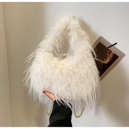 Sac à bandoulière en peluche avec pompon et poignée en chaîne pour femme, mode automne-hiver 