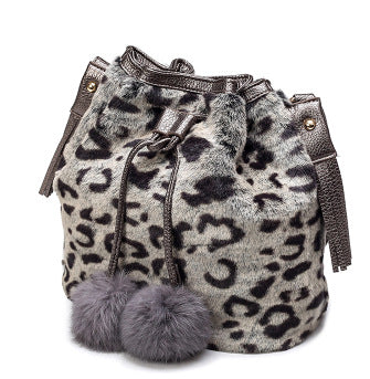 Sac seau à cordon de serrage en peluche léopard vintage mode automne hiver 