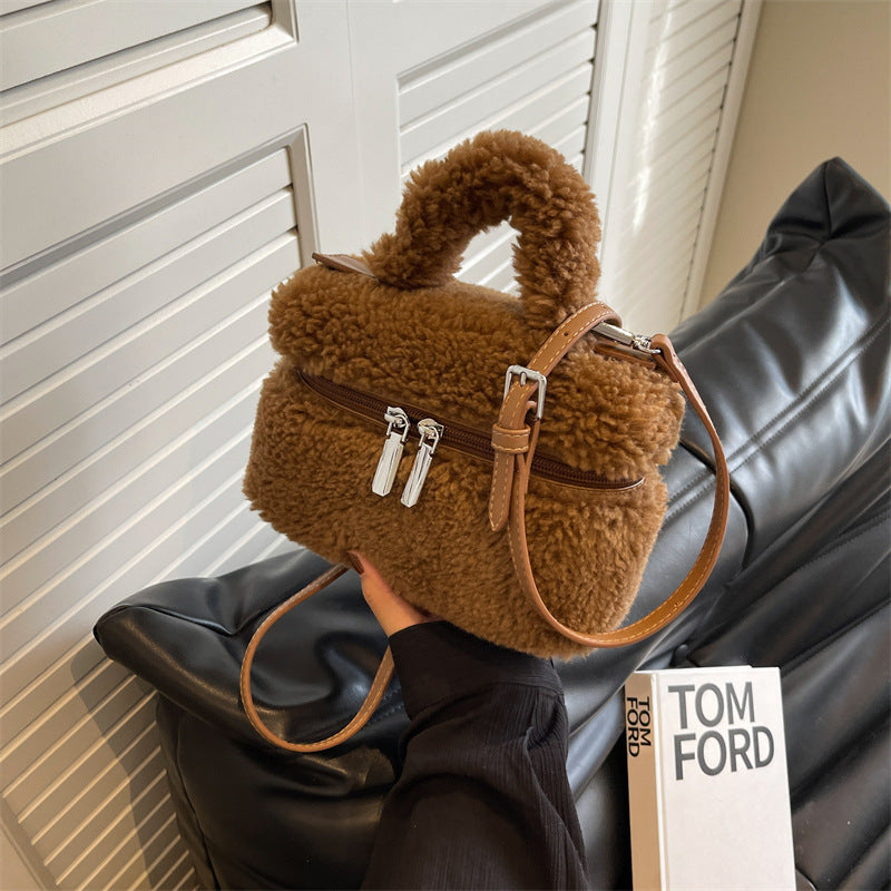 Sac à bandoulière en peluche à fermeture éclair de couleur unie pour femme, mode automne et hiver 