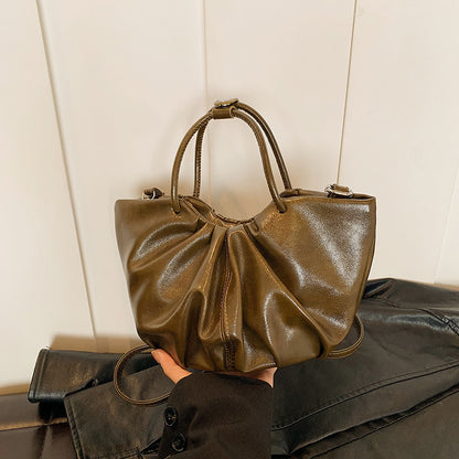Sac à main plissé en cuir ciré à l'huile de couleur unie rétro pour femme 