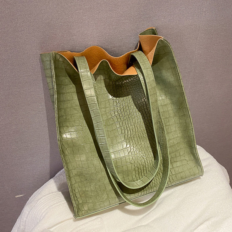 Women Fashion Basic Crocodile Pattern Large Capacity PU Shoulder Bag