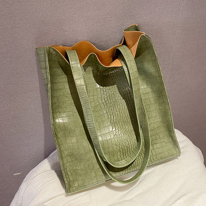 Women Fashion Basic Crocodile Pattern Large Capacity PU Shoulder Bag
