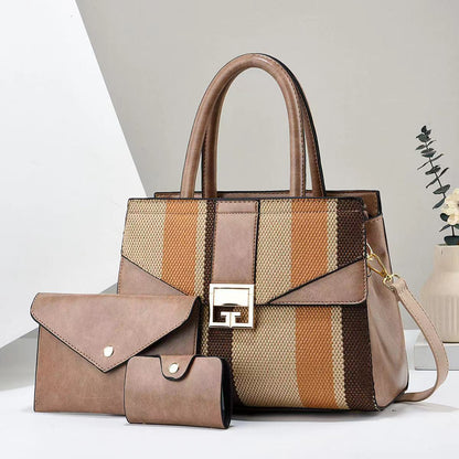 Women Fashion Casual Color Block Stripe Handbag Three-Piece Set