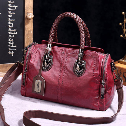Women Fashion Retro Zip PU Woven Handle Shoulder Bag