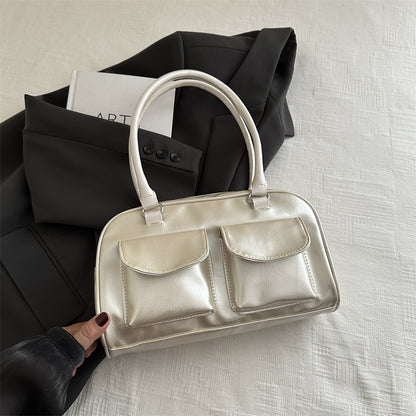 Sac à bandoulière décontracté rétro à double poche pour femme, couleur unie 