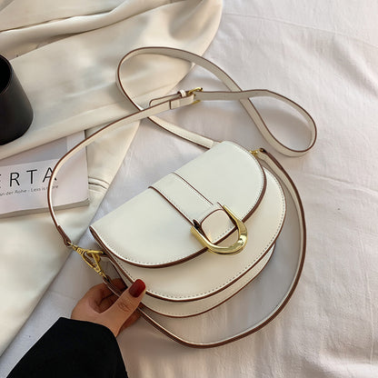 Sac à bandoulière demi-rond à rabat en PU pour femme, couleur unie, tendance 