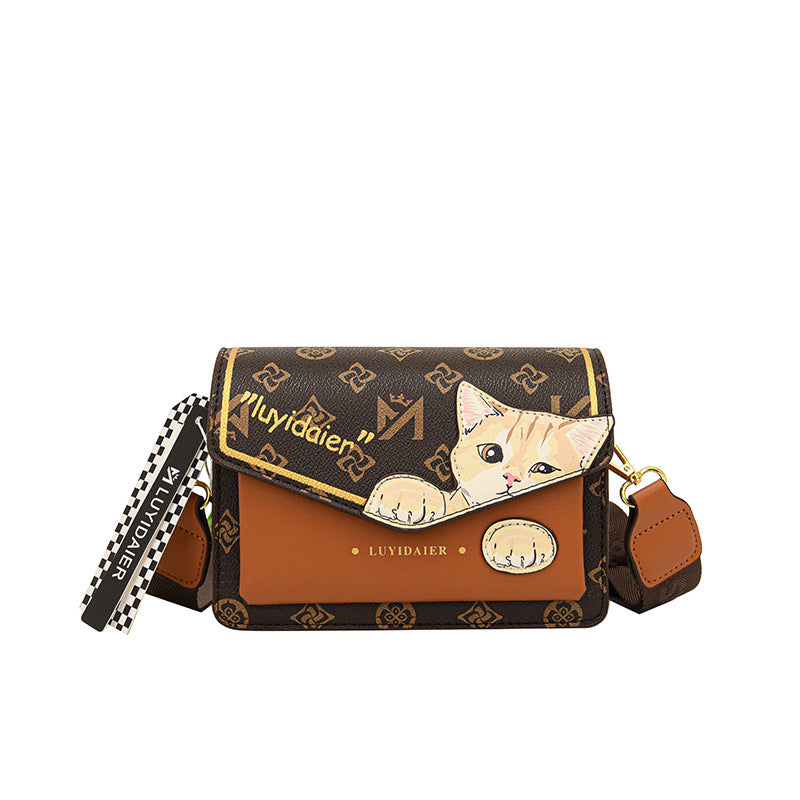 Women Fashion Cartoon Cat Print Flap Square Crossbody Bag