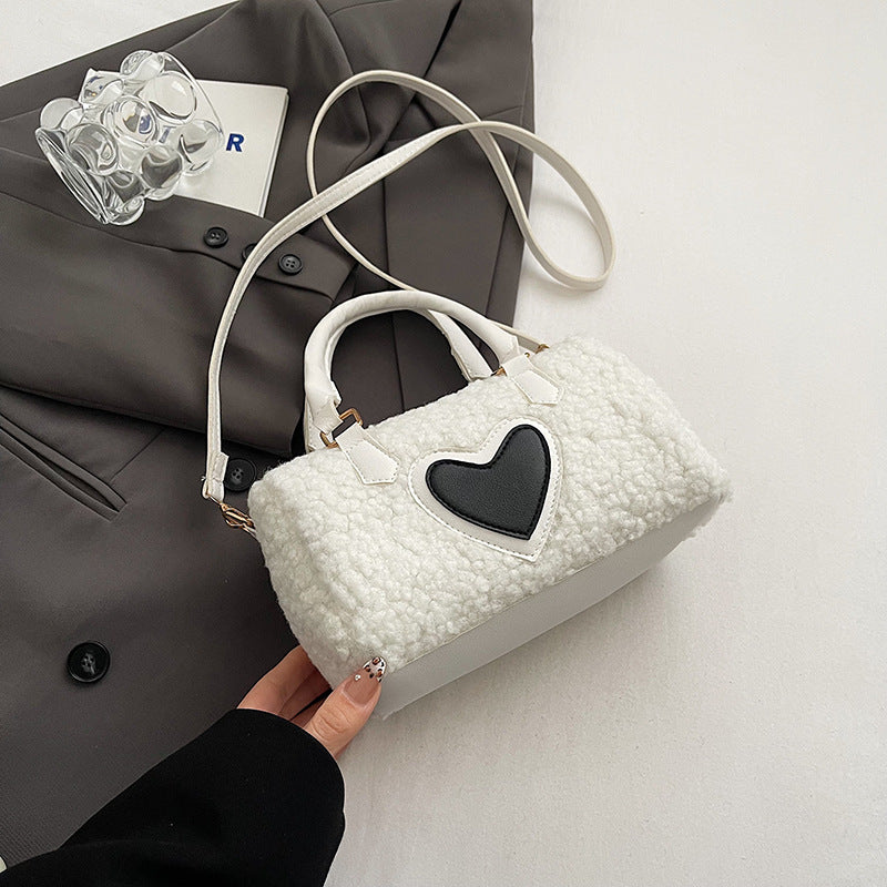 Women Fashion Casual Plush Heart Zipper Handbag