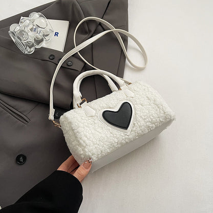 Women Fashion Casual Plush Heart Zipper Handbag