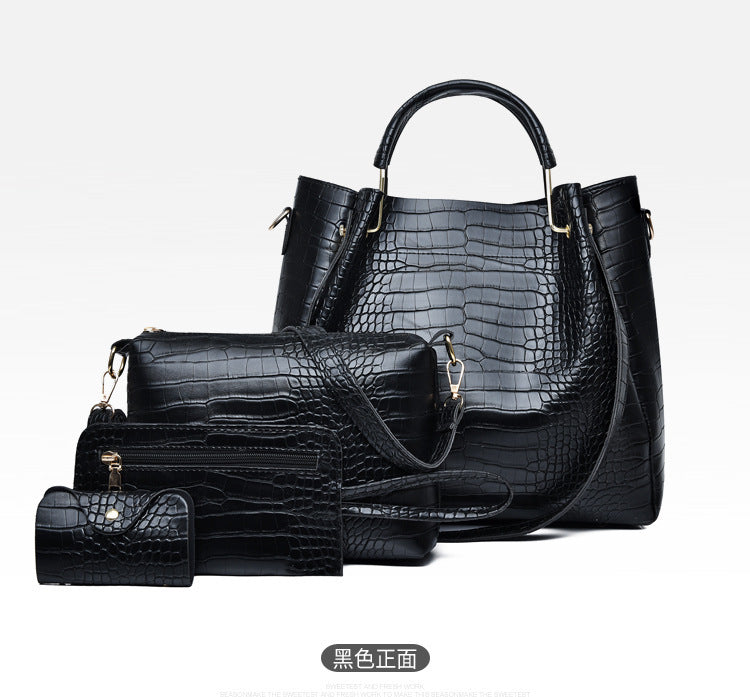 Women Fashion Crocodile Pattern Pu Coin Purse Crossbody Bag Large Capacity Handbag Set