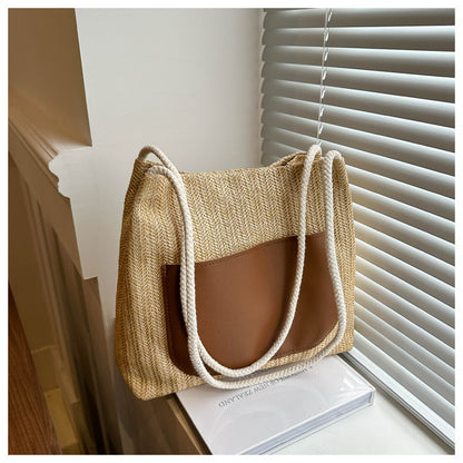 Women Summer Simple Straw Woven Large Capacity Shoulder Tote Bag
