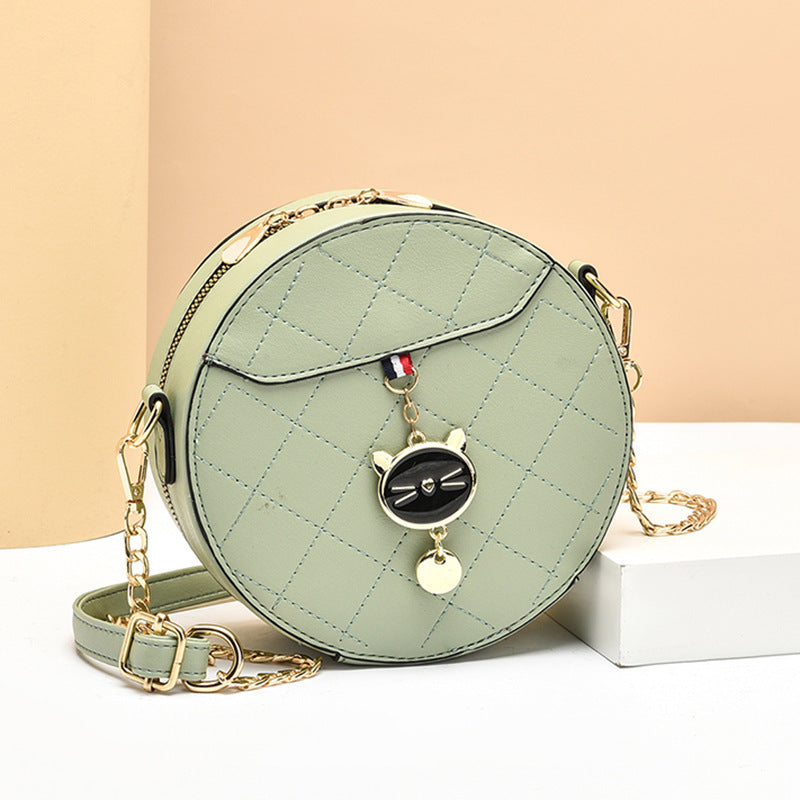 Women Fashionable Solid Color Rhombic Embroidery Cat Pendant Round Chain Crossbody Bag