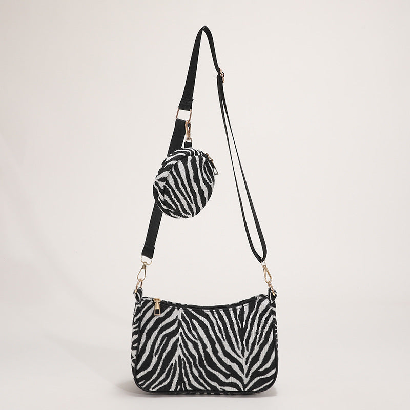 Women Fashionable Simple Zebra Canvas Zipper Crossbody Bag