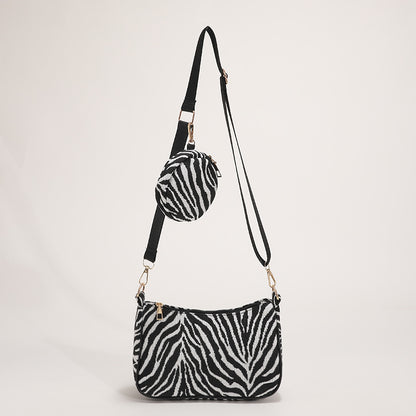 Women Fashionable Simple Zebra Canvas Zipper Crossbody Bag