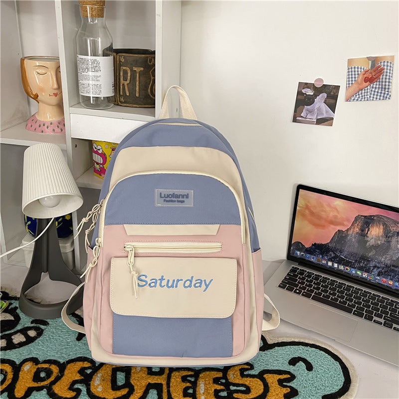 Women Casual Multi Pocket Design Letter Pattern Color Blocking Canvas Large Capacity Backpack