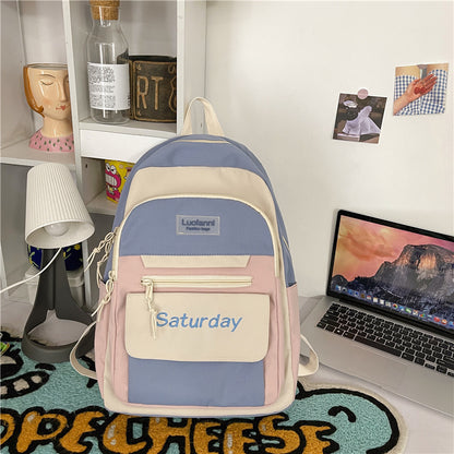 Women Casual Multi Pocket Design Letter Pattern Color Blocking Canvas Large Capacity Backpack