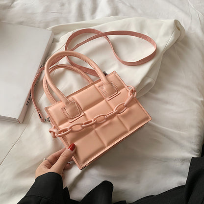 Women Fashion Chain Decorative Plaid Embossed Solid Color PU Crossbody Bag