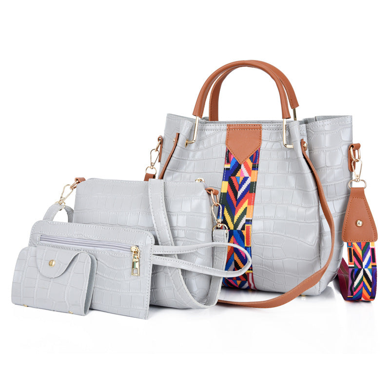 Women Fashion Retro Ethnic Geometric Ribbon Crocodile Coin Purse Handbag Set