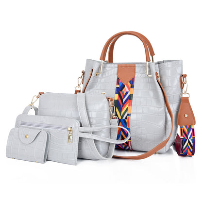 Women Fashion Retro Ethnic Geometric Ribbon Crocodile Coin Purse Handbag Set