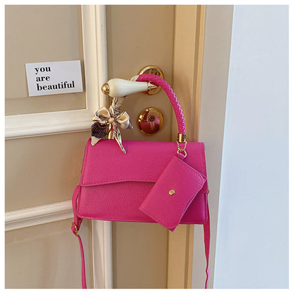 Women Fashion Solid Color Flap Scarf Coin Purse Pendant Square Handle Crossbody Bag