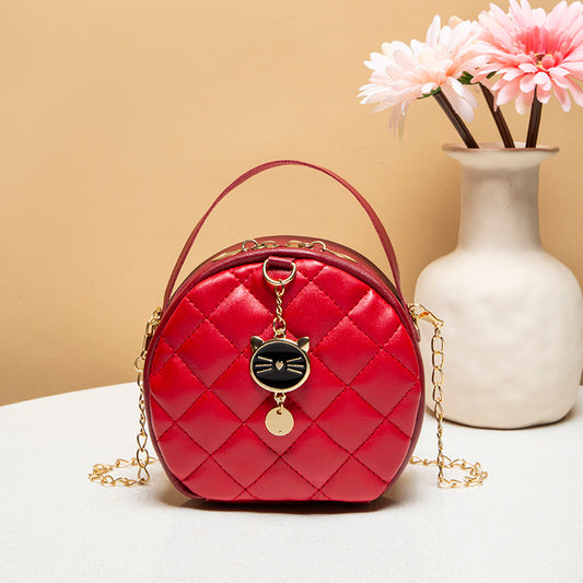 Women Fashion Casual PU Round Solid Color Chequered Grain Zipper Chain Clutch Shoulder Bag