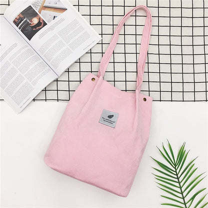 Women Casual Basic Solid Color Large Capacity Corduroy Tote Bag