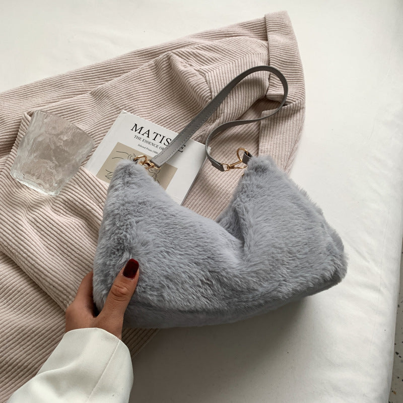 Sac à bandoulière en peluche de couleur unie pour femme, décontracté, à la mode, automne et hiver 