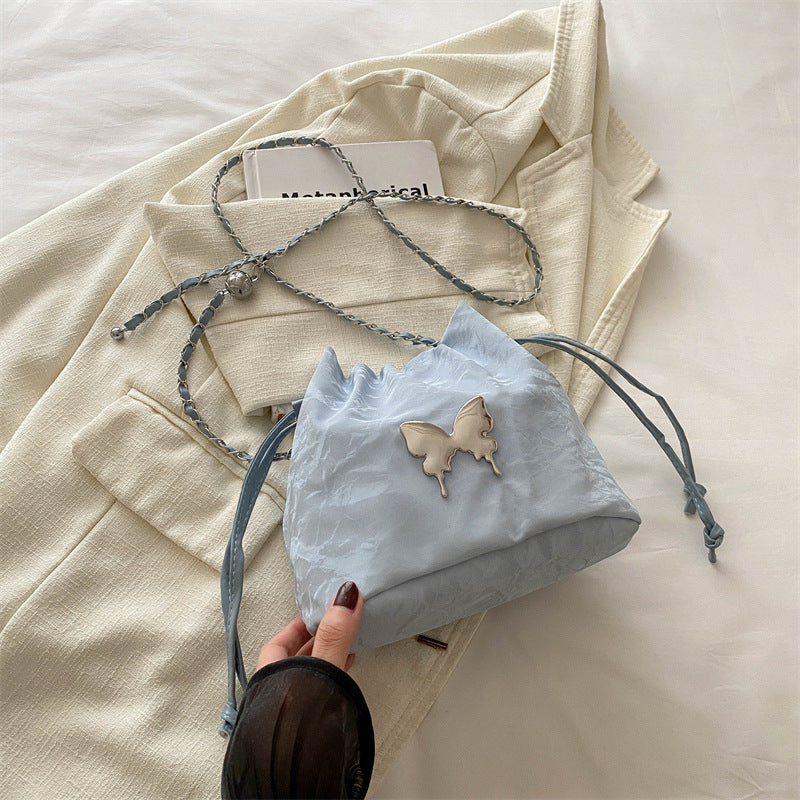Summer Women Fashionable Solid Color Butterfly Decoration Drawstring Bucket Crossbody Bag