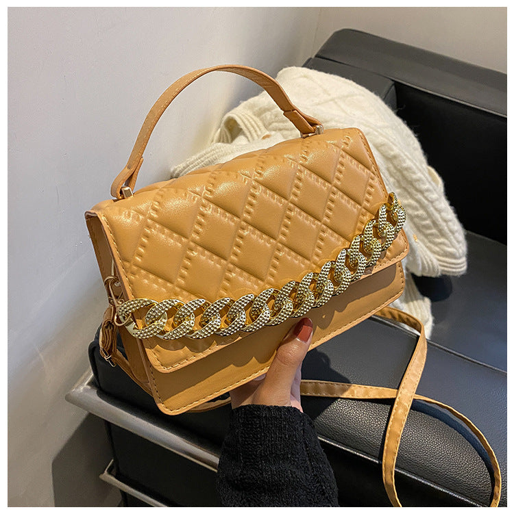 Women Fashion Thick Chain Rhombus Stitching Design Solid Color PU Crossbody Bag