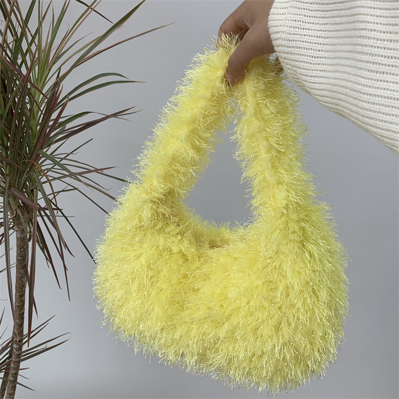 Sac à main en peluche de couleur unie pour femme, tendance automne et hiver 