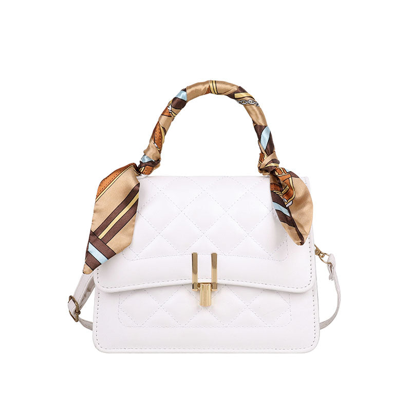 Women Elegant Silk Scarf Decorated Flap Buckle Design Rhombus Stitching Solid Color PU Crossbody Bag