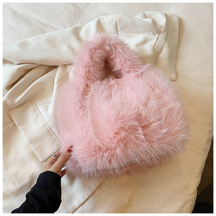 Sac à main en peluche de couleur unie pour femme, automne et hiver 