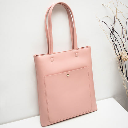 Women Fashion Basic Magnetic Buckle Zipper Design Solid Color Large Capacity PU Tote Bag