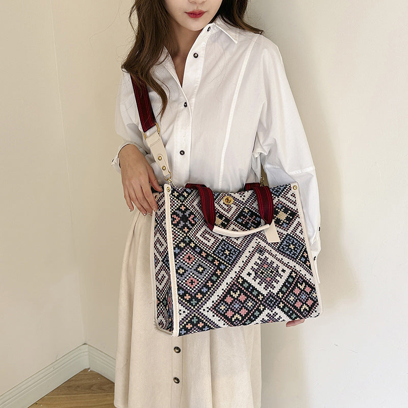 Women Fashion Large Capacity Canvas Color Block Square Tote Bag