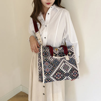 Women Fashion Large Capacity Canvas Color Block Square Tote Bag