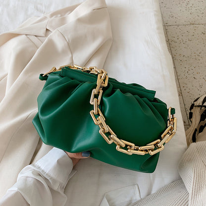 Women Creative Thick Chain Crease Design Solid Color PU Underarm Bag