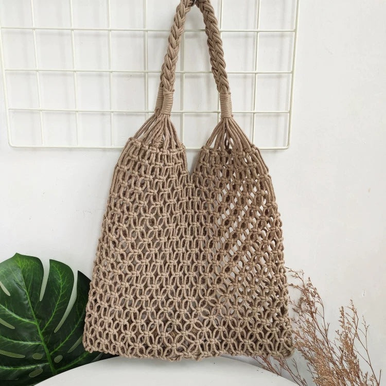 Women Casual Fashion Vacation Beach Mesh Woven Hollow Shoulder Bag