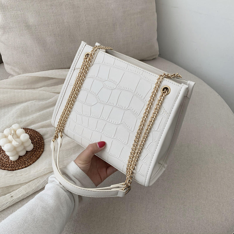 Women Casual Chain Design Stone Pattern PU Shoulder Bag