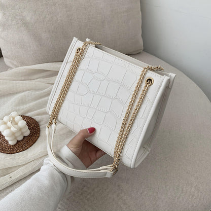 Women Casual Chain Design Stone Pattern PU Shoulder Bag