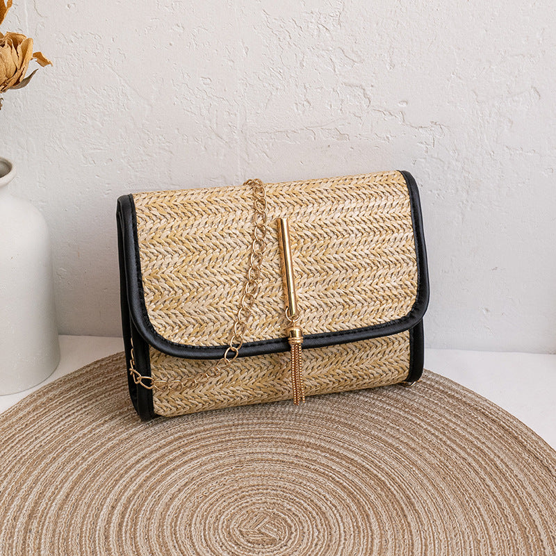 Women Fashion Casual Vacation Beach Magnetic Buckle Flap Chain Square Straw Woven Crossbody Bag
