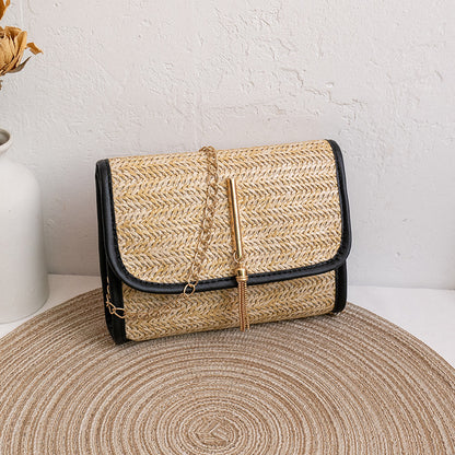 Women Fashion Casual Vacation Beach Magnetic Buckle Flap Chain Square Straw Woven Crossbody Bag