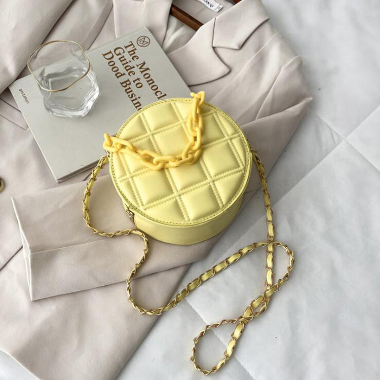 Sac à bandoulière rond en PU pour femme, joli sac à chaîne avec fermeture éclair, couleur unie, motif écossais gaufré 