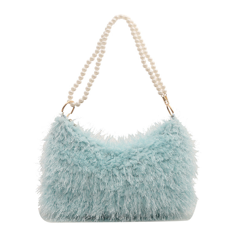 Fashion Solid Color Plush Pearl Chain Shoulder Bag