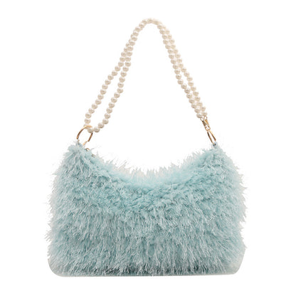 Fashion Solid Color Plush Pearl Chain Shoulder Bag