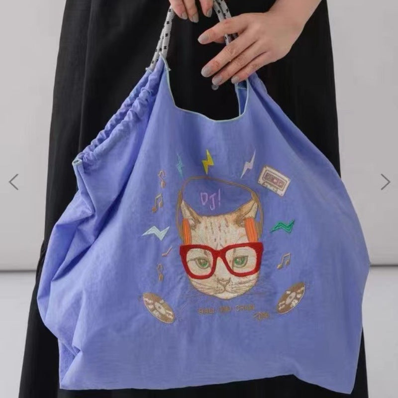 Women Fashion Nylon Embroidered Large Capacity Canvas Shopping Bag