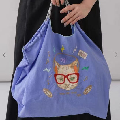 Women Fashion Nylon Embroidered Large Capacity Canvas Shopping Bag