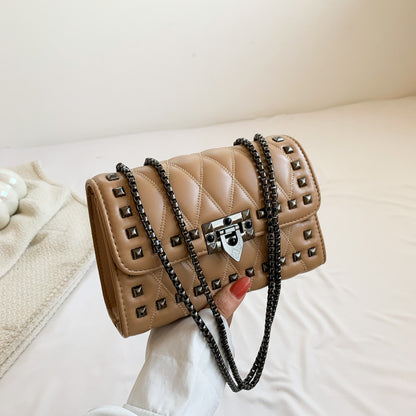 Women Simple And Fashionable Studded Flap Lock Square Chain Crossbody Bag