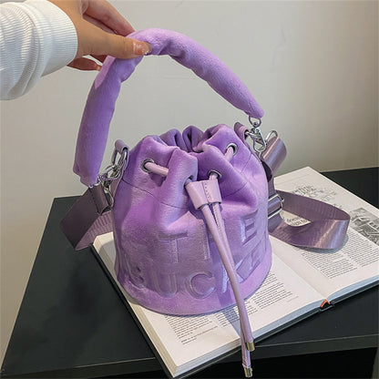 Sac à main seau brodé en peluche avec cordon de serrage pour femme, mode automne-hiver 