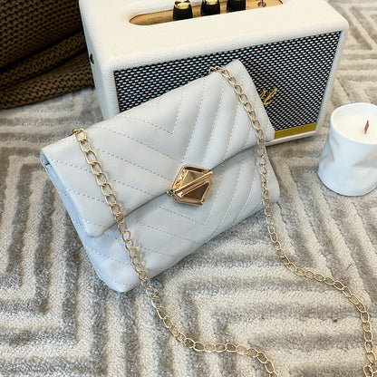 Women Fashion Basic Solid Color Pu Metal Lock Chain Crossbody Mini Square Bag