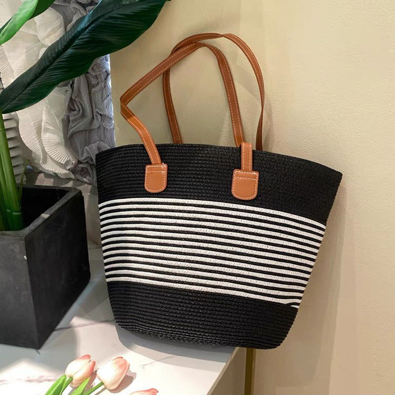 Summer Women Fashionable Stripe Straw Woven Large Capacity Tote Bag